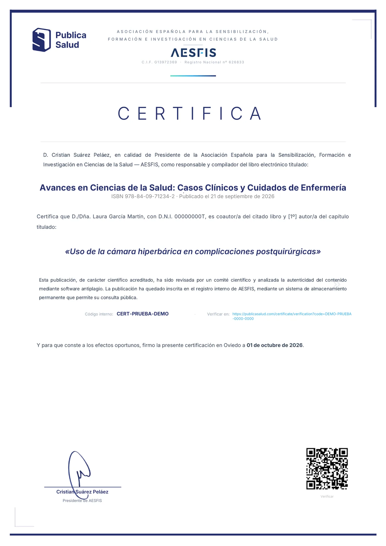 Certificado de autoría de ejemplo emitido por AESFIS — Publica Salud