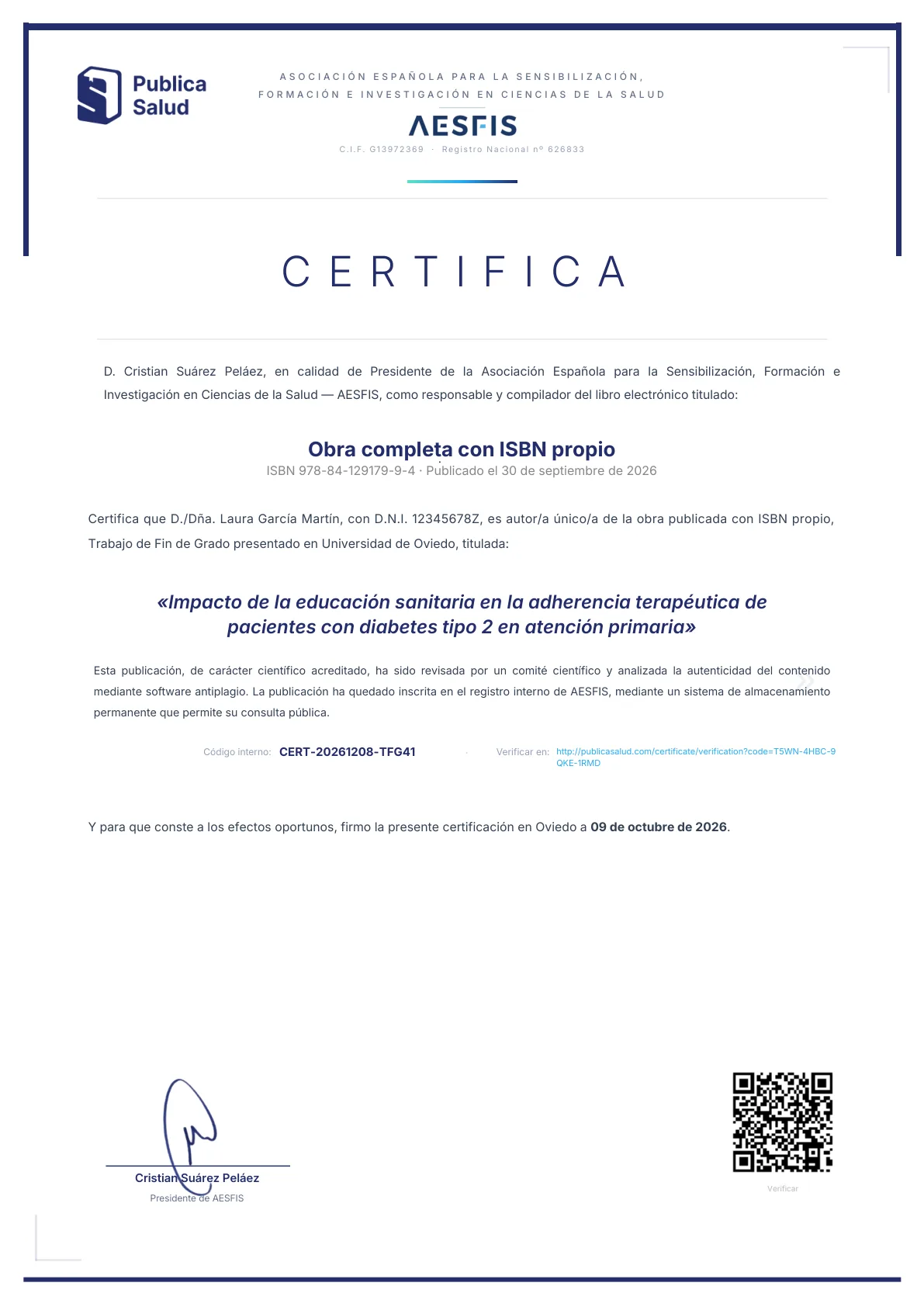Certificado de autoría verificable de un TFG/TFM publicado
